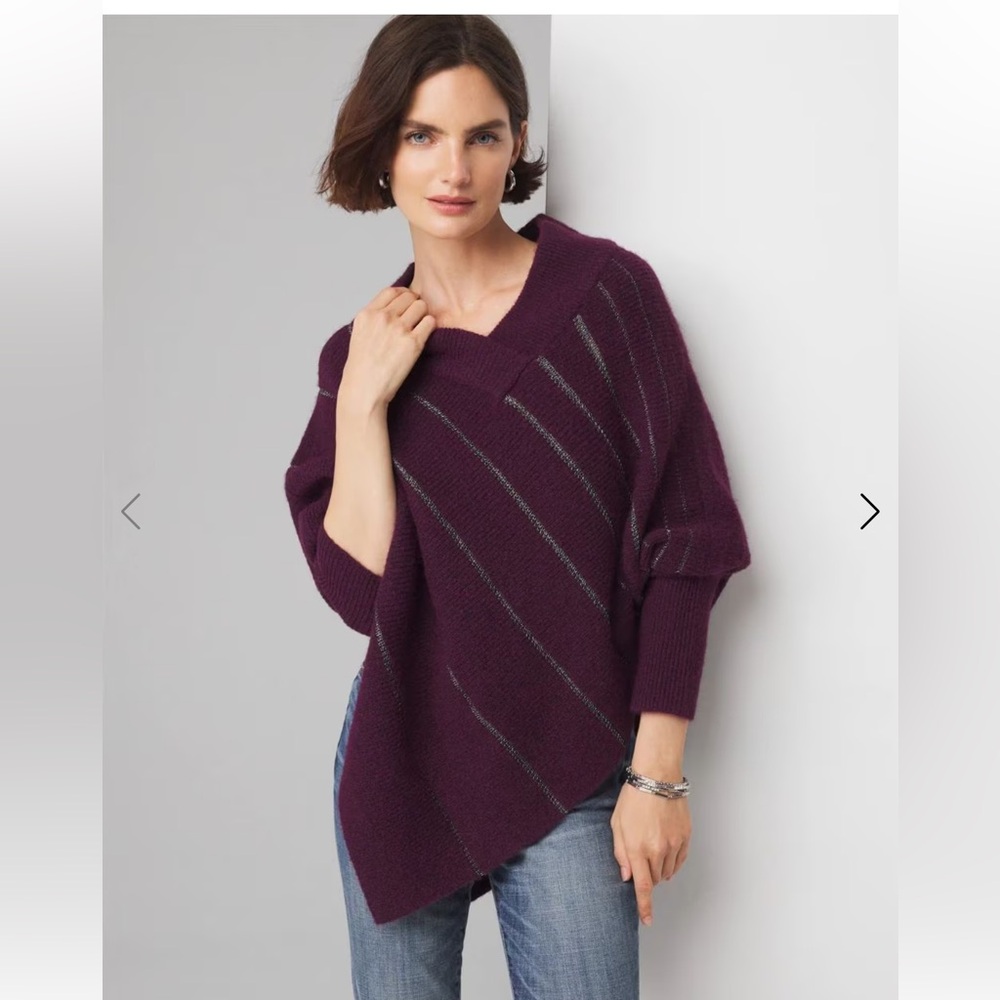 White House Black Market Metallic Stripe Poncho Sweater in deep plum purple M/L